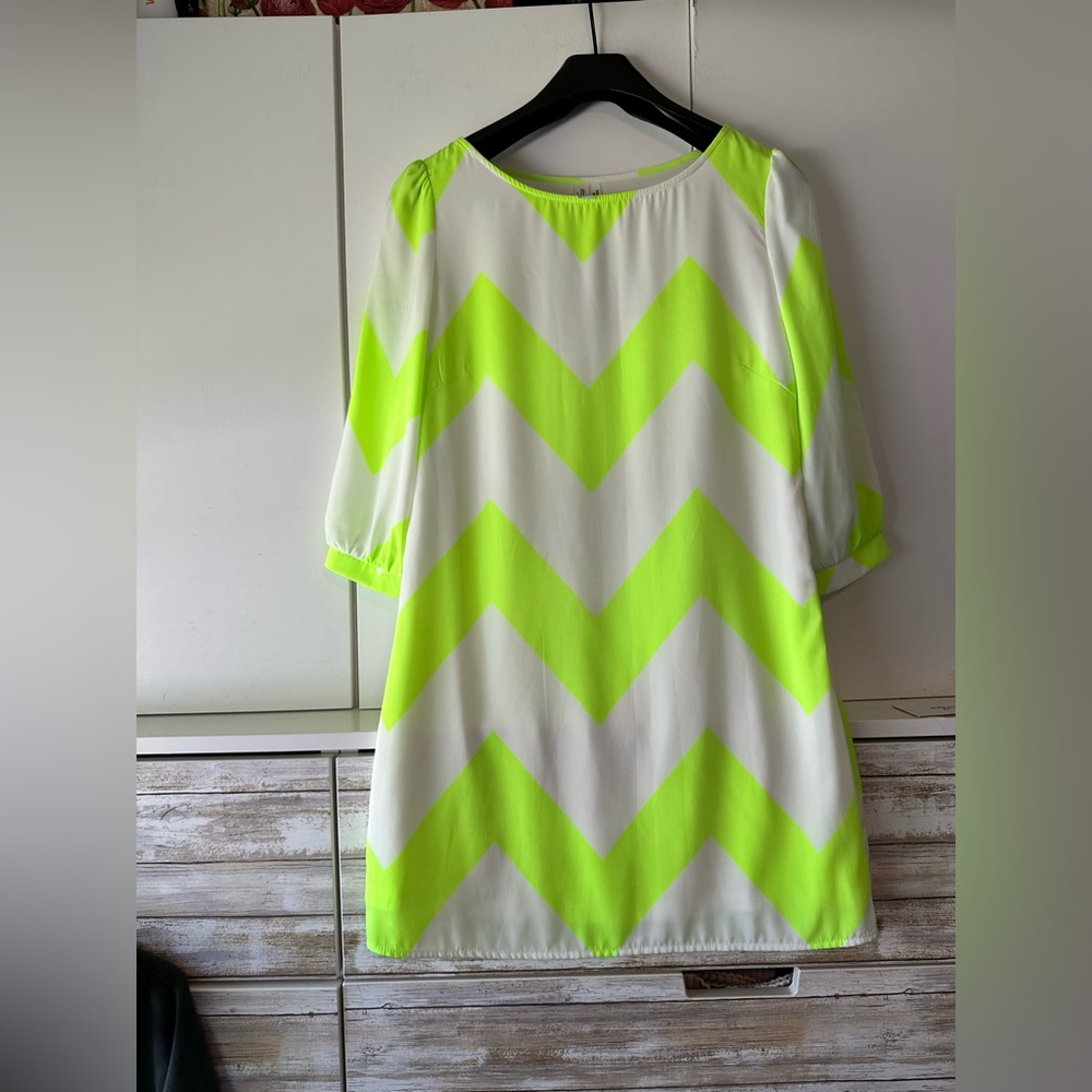 💚⚡ Pink Owl Neon Green White Chevron Shift Dress 3/4 Sleeve Small